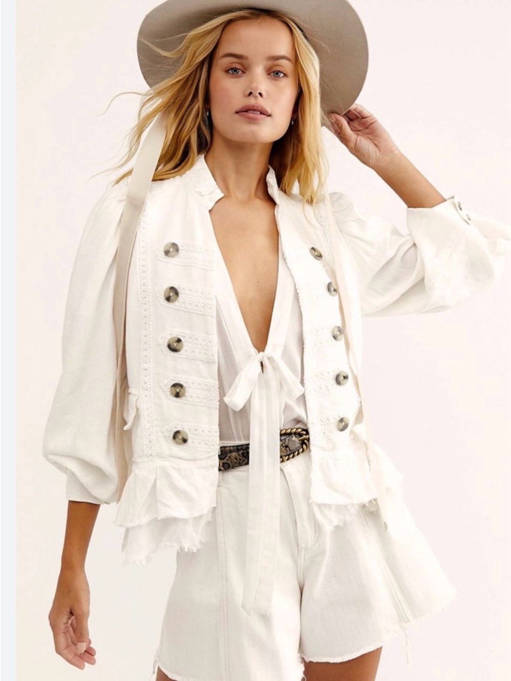 Free People White Military Buttoned Blazer Jacket